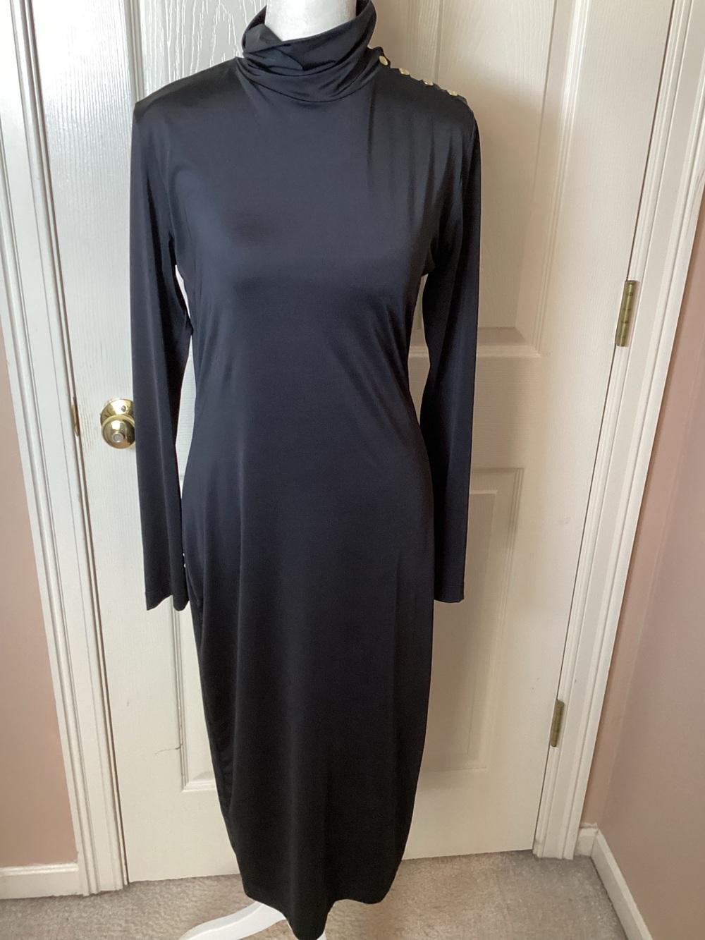 Amanda Uprichard Black Long Sleeve Mock turtleneck Dress Gold Shoulder Snaps - M